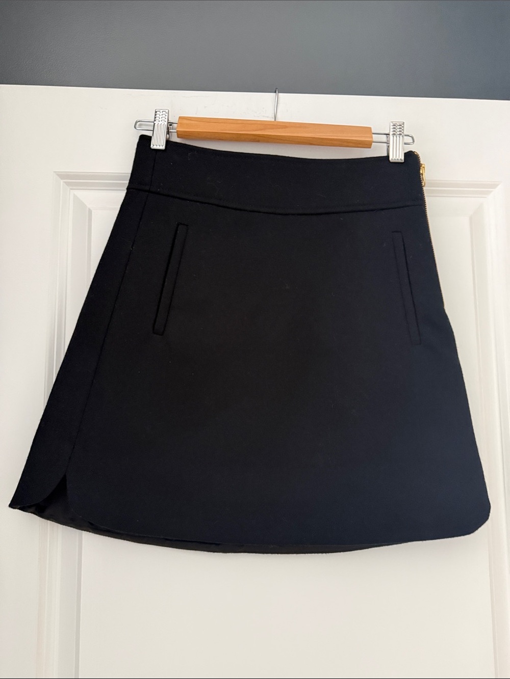 J. Crew Black Mini Wool A-Line Skirt with pocket and tulip hem details